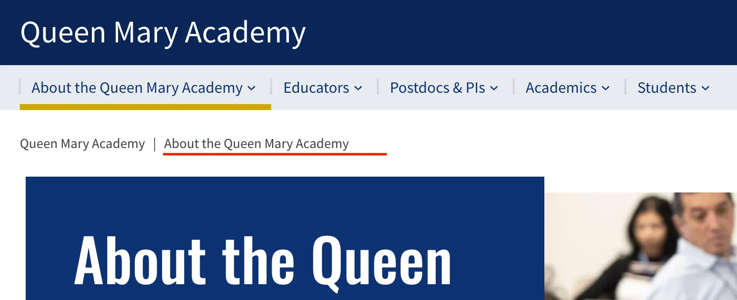 A breadcrumb trail underlined from a QMUL page