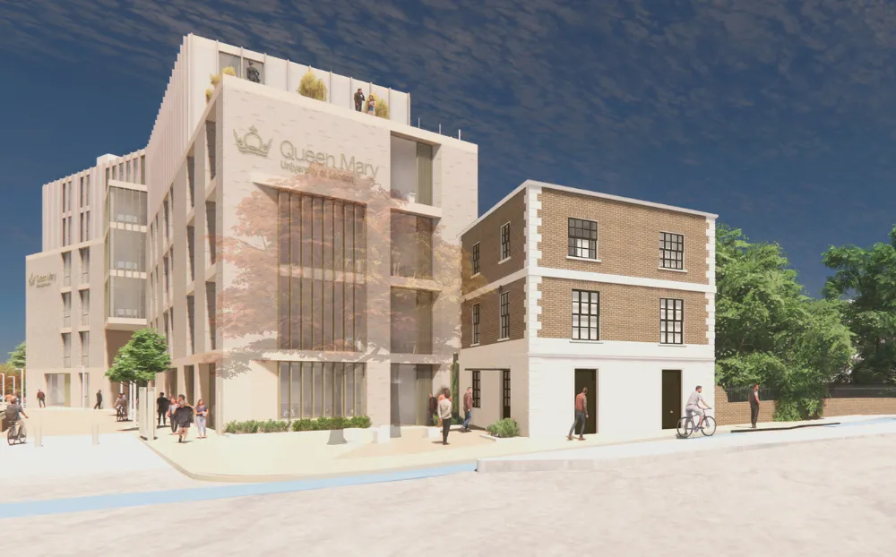 Image of an animation of the new school of business and managment. A building with fake people walking around around it.