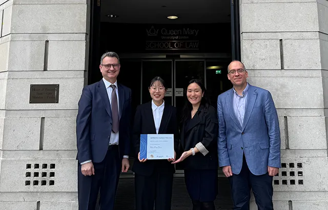 Pictured from left to right: Professor Duncan Matthews (Director of Research, Centre for Commercial Law Studies), Chia-Ling Chen (LLM student 2025-26), Dr Kei Enomoto (Partner, Hoffmann Eitle), Dr Apostolos Chronopoulos, Reader in Intellectual Property Law, Centre for Commercial Law Studies)