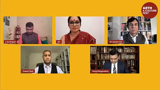 Zoom panel of India that is Bharat book launch: Top right-left - J Sai Deepak, Alo, and Dr Gautam Sen. Bottom left-right - Dr Prakash Shah, and Dr Anand Ranganathan