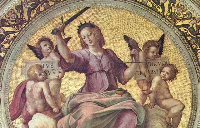 A ceiling painting by Raffael of a woman holding a sword surrounded by cherubs.