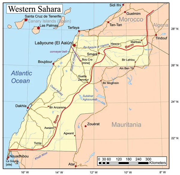 This is a general map of Western Sahara. The Polisario Front controls the area to the east of the berm, while Morocco controls the area to the west.