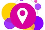 Big pink bubble with a location icon in the middle, surrounded by purple and yellow bubbles