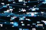 A bunch of screens of people going about their lives all connected by dotted lines as if they were under surveillance.