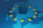 A padlock circled by stars of the EU flag hovering above a map of Europe