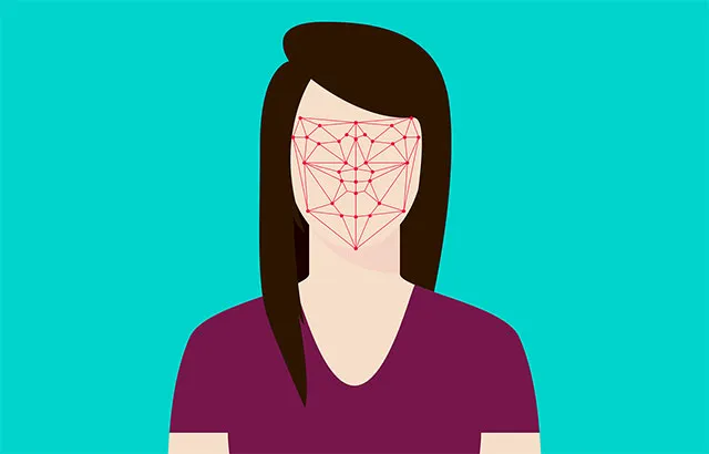 A graphic of a woman with a red web over her face