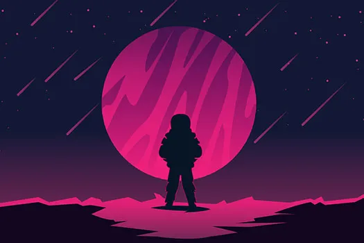 An astronaut standing on a purple moon facing a purple orb