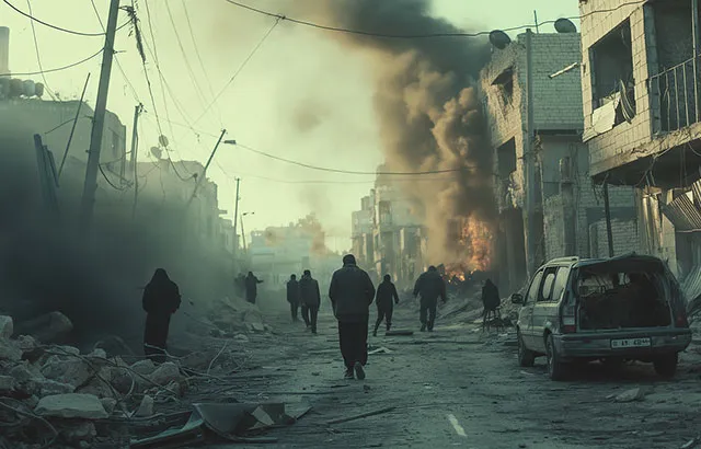 People walking down a bombed street in Gaza. There is rubble laying on the ground, cars burnt out and smoke billowing out from buildings.
