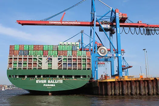 A cargo ship in a port below a crane