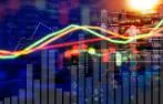 Financial line and bar charts in orange and green.