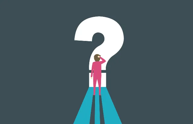 man scratching his head in front of large white question mark