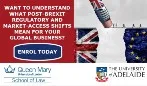 An image of an eraser rubbing out a bridge between the UK and EU flags with a message to the side reading: 'Want to understand what post-brexit regulatory and market-access shifts mean for your global business? Enroll today