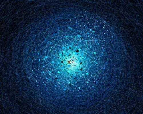 A bunch of blue dots all connected in a globe shape against a blue-black gradient background