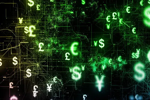 Lots of currency symbols in a neon green floating on a black background