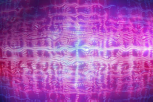 Distorted binary code on a purple background