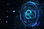 A digitally rendered image of the euro symbol in a coin in electric blue.