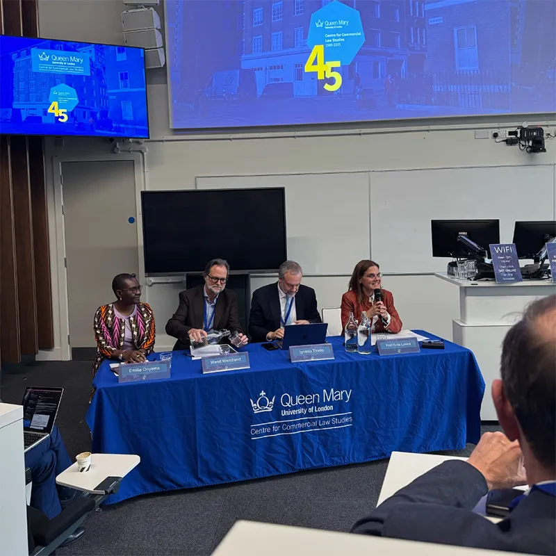 Professor Emilia Onyema, Professor Wend Wendland, Professor Ignacio Tirado and Professor Rosa Lastra sat at the front of the Peston Lecture Theatre.