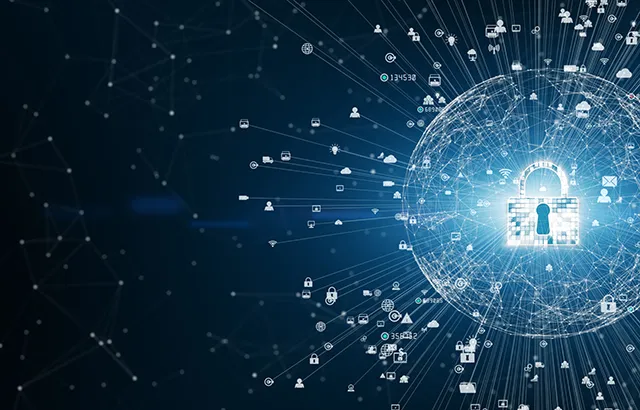 A digital globe with icons representing digital connectivity beaming from a padlock at the core.