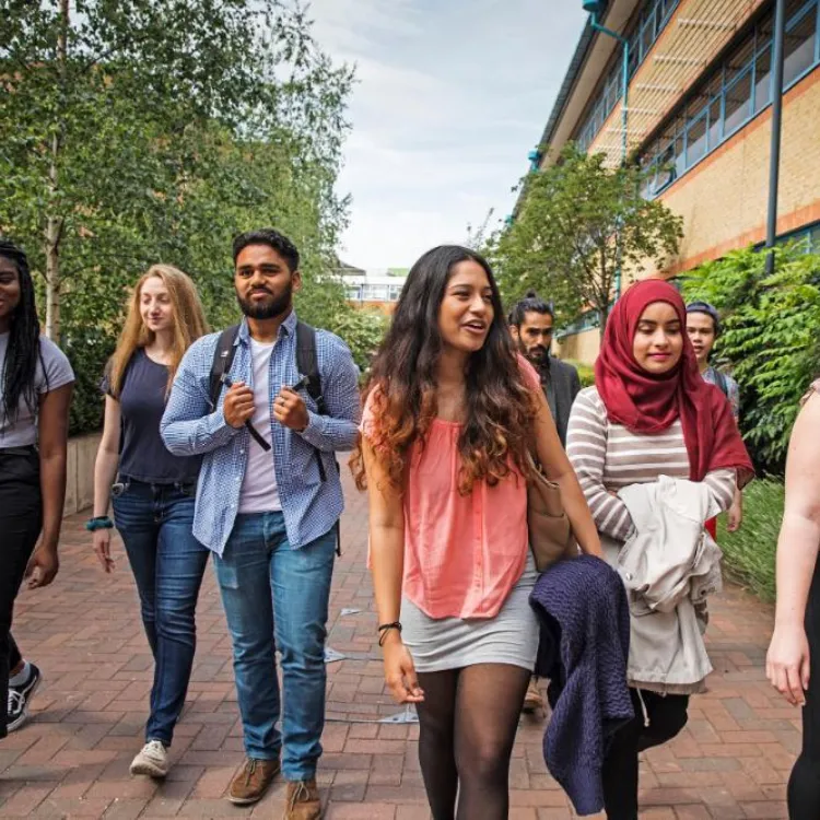 Students walking through campus.