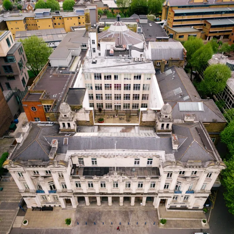 An aerial view of the Queen's Building, Queen Mary University of London