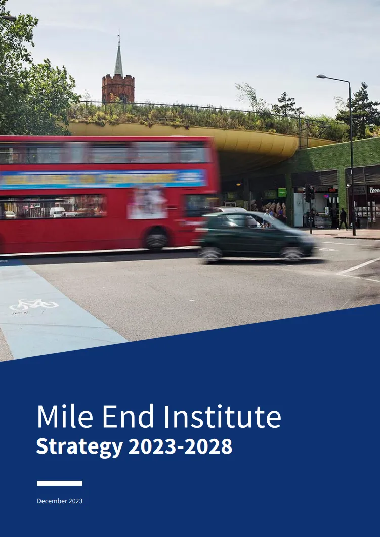 A photo of a bus and car crossing the Mile End intersection