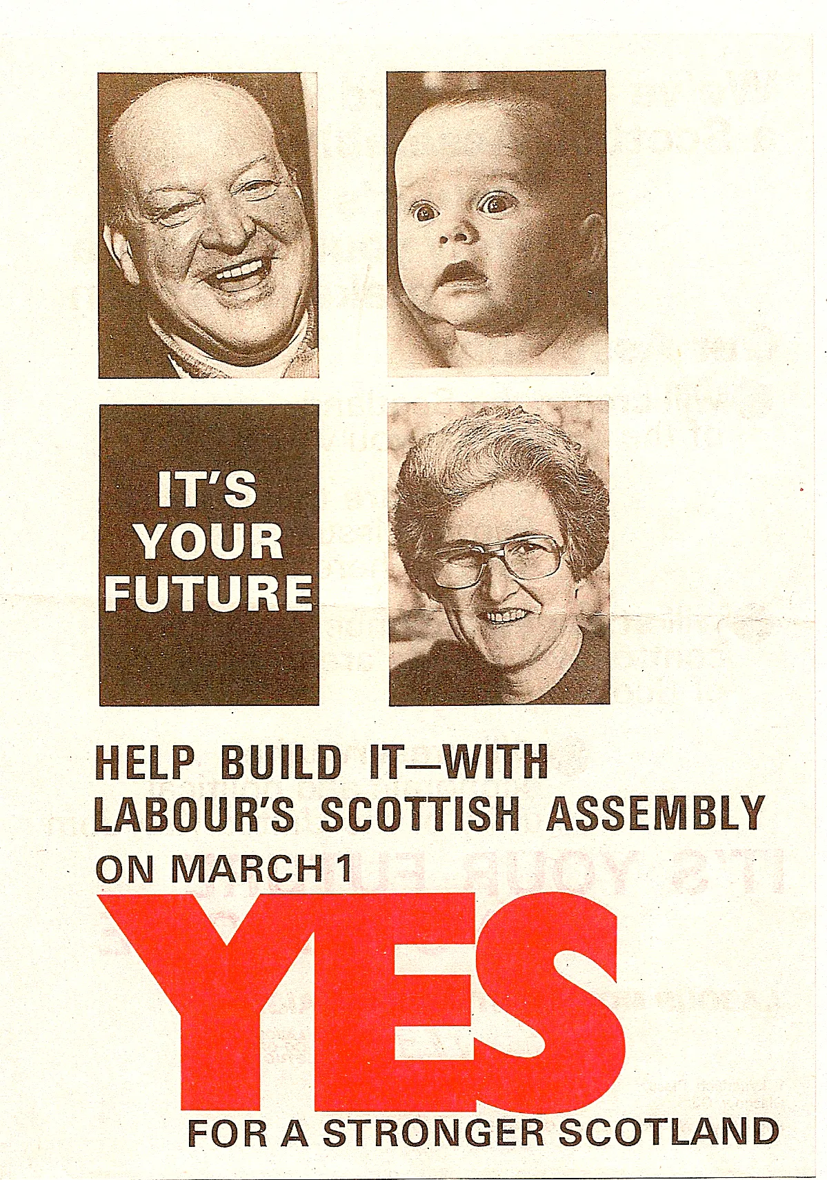 Sepia-coloured poster from 1979 referendum, urging Scots to vote 'Yes' to the Labour Party's Assembly proposals.