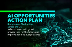 Front cover of AI Opportunities Action Plan. Text: Ramping up AI adoption across the UK to boost economic growth, provide jobs for the future and improve people's everyday lives.