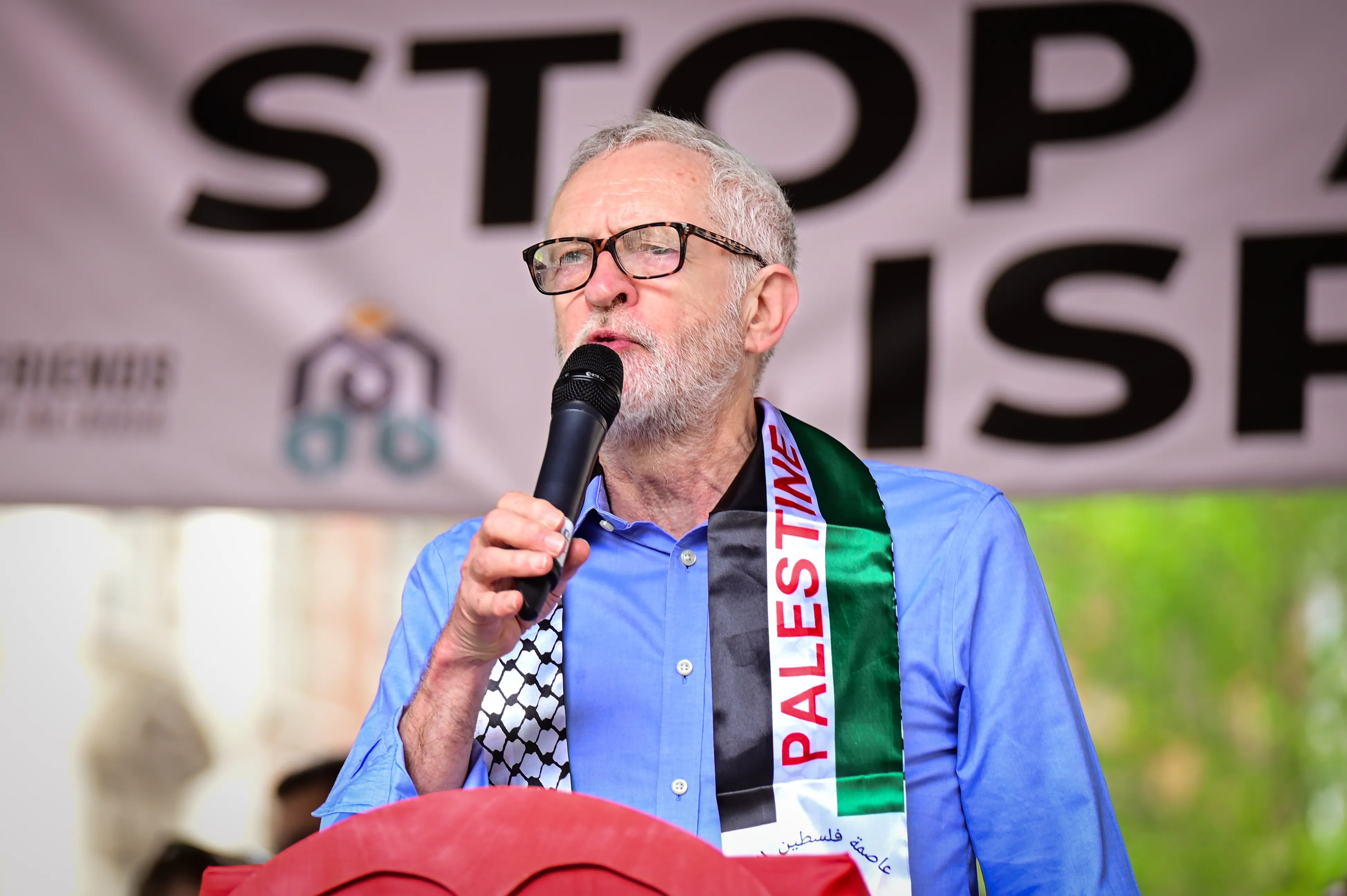 Jeremy Corbyn speaking at a Pro-Palestine march in London on 18 May 2024. Credit: Sunshine Munu, Shutterstock.