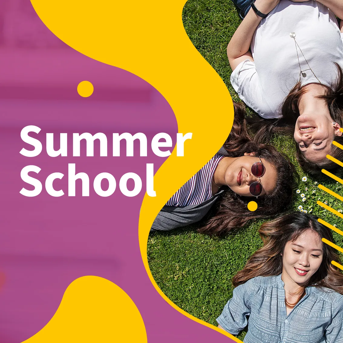 Purple and yellow graphic with students lying on grass