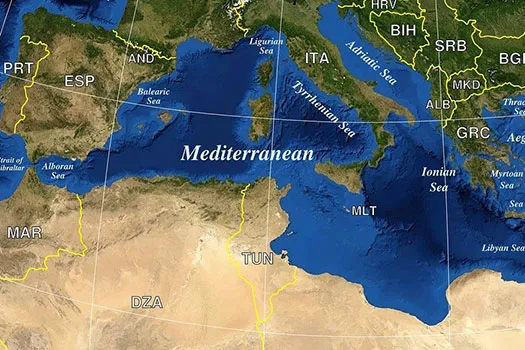 Map of the Mediterranean, showing Portugal, Italy, Spain, Greece, South East Europe and North Africa