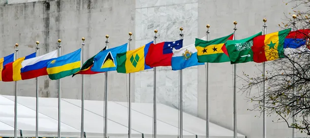 Flagpoles with different nations flags flying