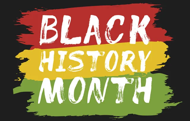 Horizontal red, yellow and green stripes with Black History Month written in white.