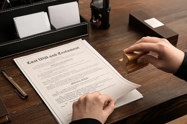 Person in process of stamping a paper document titled Last Will and Testament