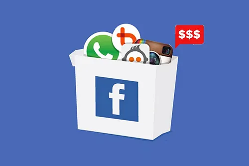 A white box with the Facebook icon. the box contains other social media icons including WhatsApp and Instagram.