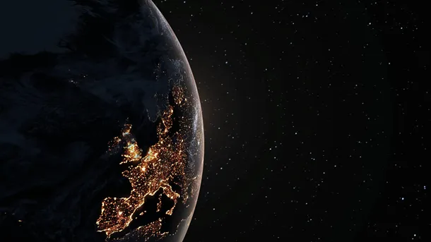 Picture of the Earth at night, showing the UK and Europe lit up