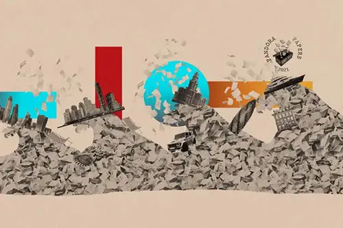 City skylines balancing on mounds of documents