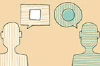 Digital illustration of two people talking with speech bubbles