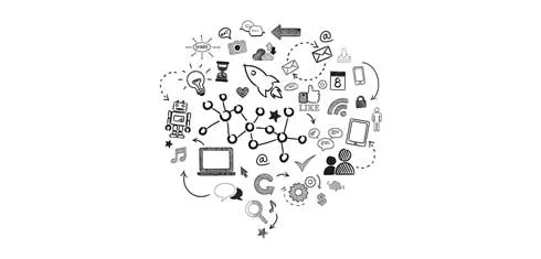 An illustration a laptop, robot, calendar, wifi symbol, camera, tablet and a person with arrows connecting them