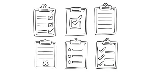Illustrations of 6 clip boards with tick boxes
