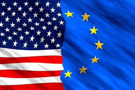 Image with half USA and half EU flags