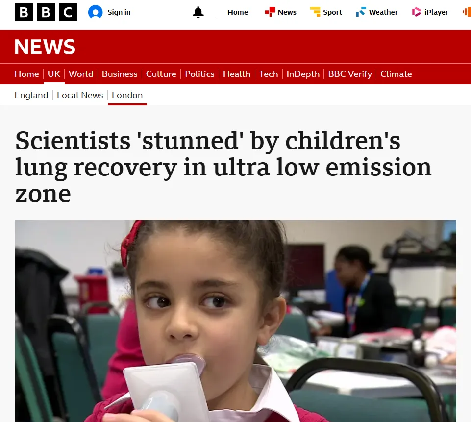Screenshot of BBC London online news titled Scientists 'Stunned' by Children's Lung Recovery in ULEZ