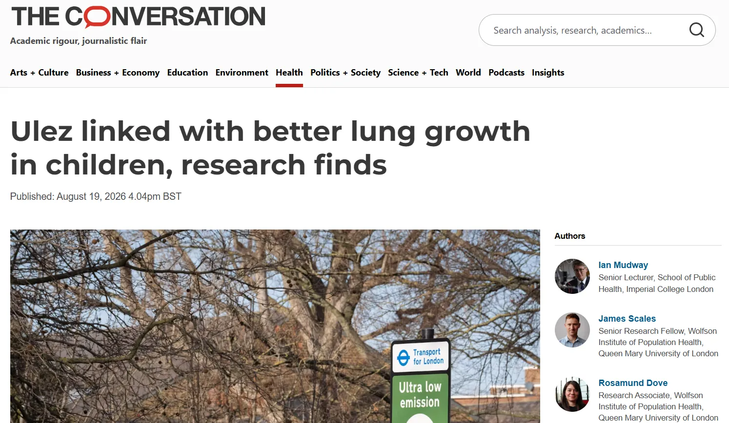 Screenshot of The Conversation online with article titled Ulez linked with better lung growth in children, research finds