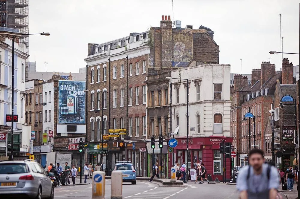 A photo of the end of Brick Lane in East London