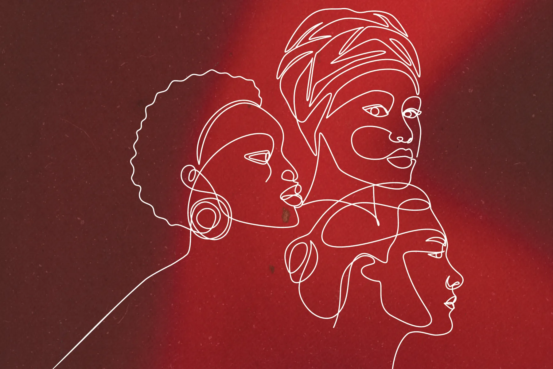 A white single-line drawing of three women's heads, on a deep red background.