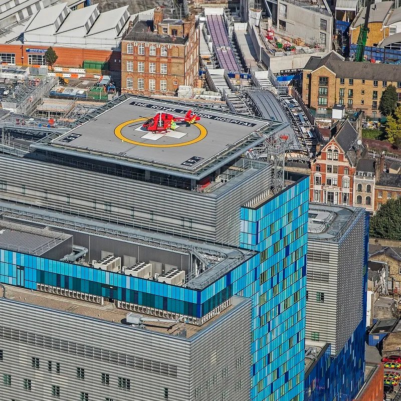 An aerial view of The Royal London Hospital and helipad, and surrounding buildings