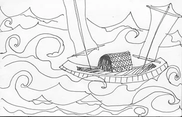 Pen and ink drawing by Linh Vu depicting the boat she escaped in, as a child, with her father from Vietnam
