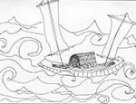 Pen and ink drawing by Linh Vu depicting the boat she escaped in, as a child, with her father from Vietnam