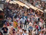 Crowds of people in a shopping district