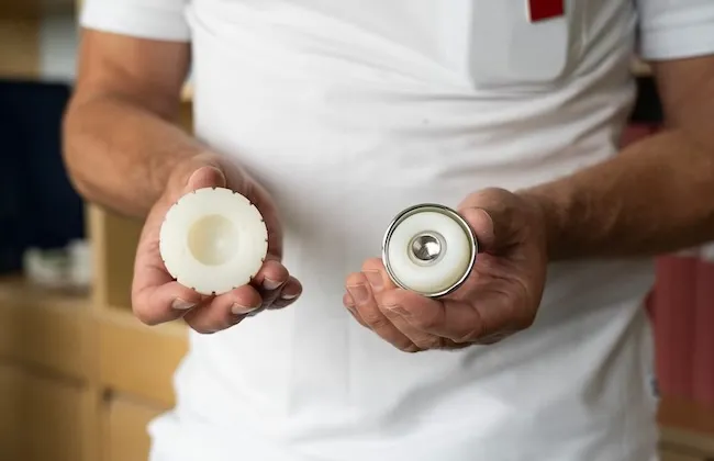 The new implant (to the right) consists of a small ball encased in a larger ball, which gives better stability. Photo: Sandra Gunnarsson