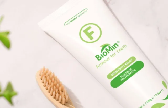 A tube of BioMin toothpaste